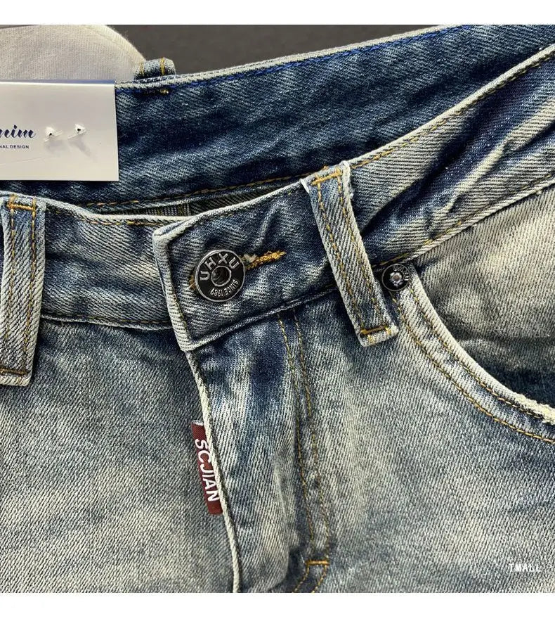 Summer Trendy Brand Handsome Denim Shorts Men's Washed Embroidered Patch Trendy Short Pants Ripped Slim-fit Elastic Middle Pants