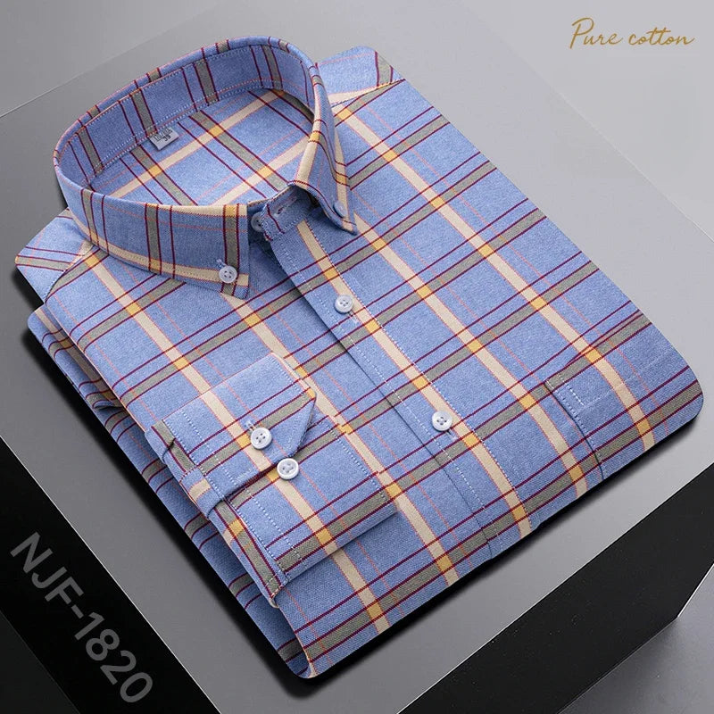 New In Shirt Oversize Long-Sleeve 100%Cotton Shirts for Men Slim Fit Formal Plain Shirt Plaid Casual Tops Designer Black Clothes