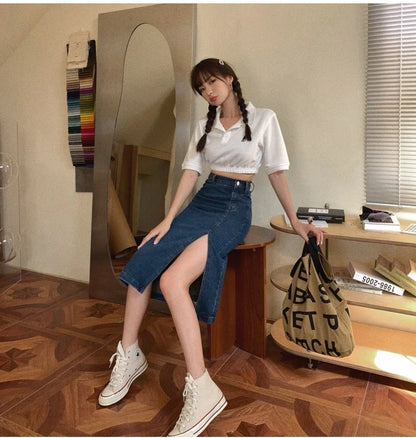 Korean Style Slim Bodycon Blue Skirts For Women 2026 Spring Summer New High Waist Split Denim Midi Skirt