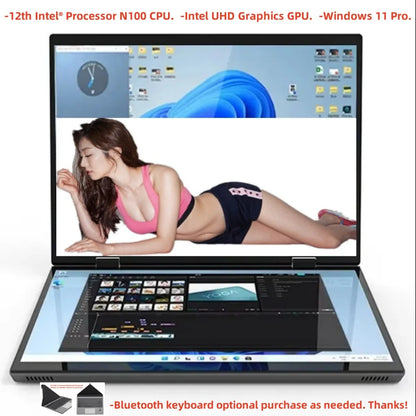 Intel N150 N100 CPU Dual Screen Laptop 14"+14 " 2K Touch Screen Notebook 32GB 360 Degree Flip Metal Case 2 in 1 Laptop Computer