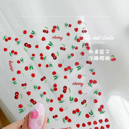 Fresh Sweet Fruits Strawberry Cherry Bowknot Love Heart Lemon 5D Nail Art Stickers Self Adhesive Decorations Nail Manicure Decal