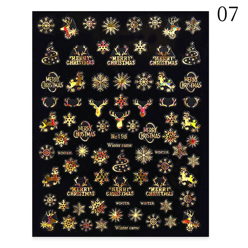 1PCS New Christmas Decorations 2023 New Year Nail Stickers Press on Nails Laser Snowflake Christmas Tree 3D Nail Decal