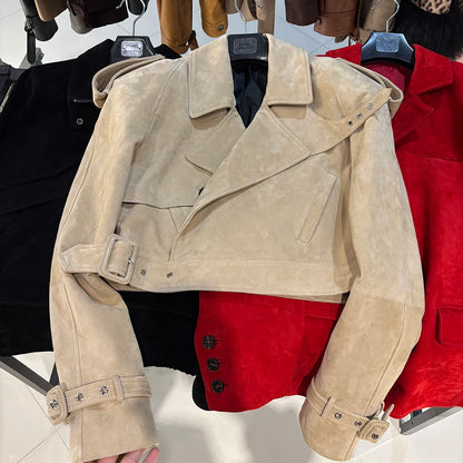 YOLOAgain Wide Shoulder Real Leather Jacket Women Oversized Genuine Leather Cropped Jacket
