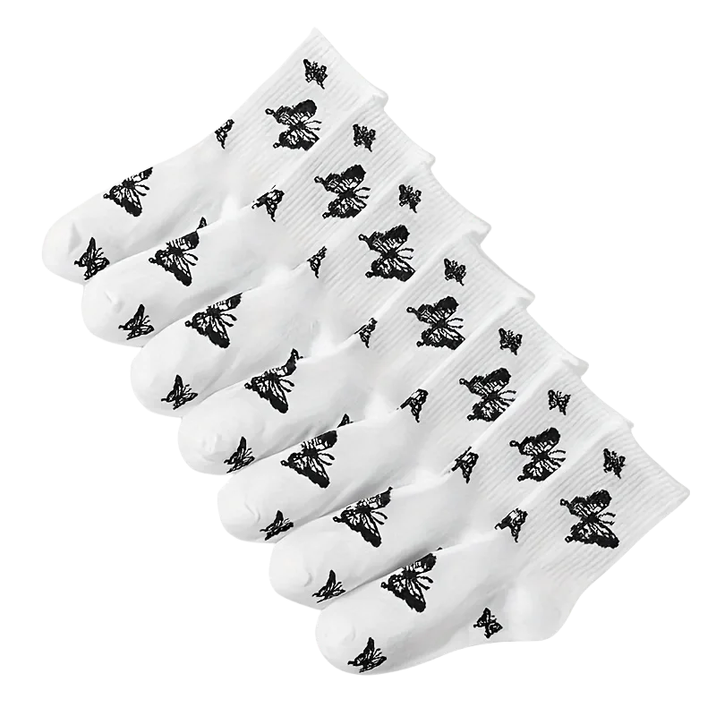 3/6/7 Pairs of Women Mid Length Stockings Set in Black And White With Butterfly Pattern Popular and versatile Sweat Absorption