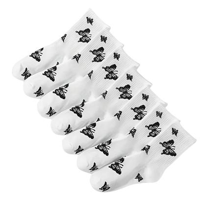 3/6/7 Pairs of Women Mid Length Stockings Set in Black And White With Butterfly Pattern Popular and versatile Sweat Absorption