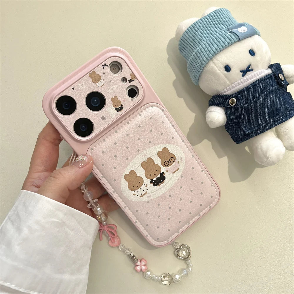 Polkadot Leather Funny Miffy Rabbit phone case for iPhone 15 Pro 14 13 16 Max 17 Pro Max Cover With Chain Cute Cartoon Cases Cap