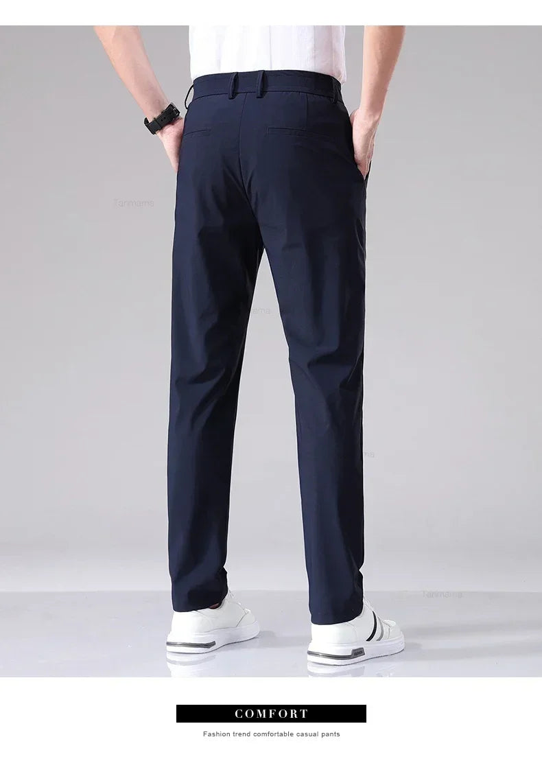 Ultra-thin Elastic Men's Casual Trousers Summer Quick-drying Ice Silk Slim Straight Business Solid Color Y2K Trousers Black Gray
