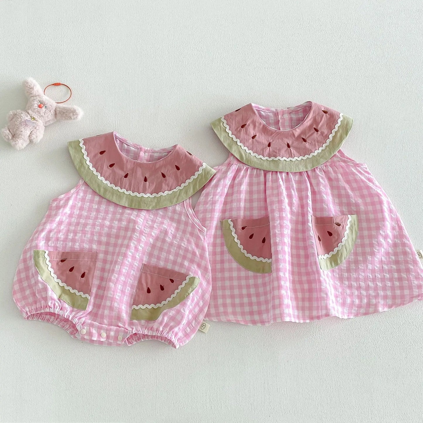2026 Summer Childrens Clothes Watermelon Collar Baby Bodysuit with Patch Pockets Pink-white Check Girls Dress
