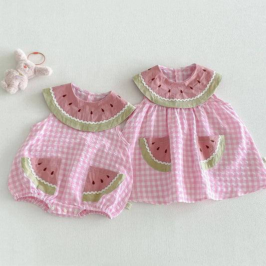 2026 Summer Childrens Clothes Watermelon Collar Baby Bodysuit with Patch Pockets Pink-white Check Girls Dress