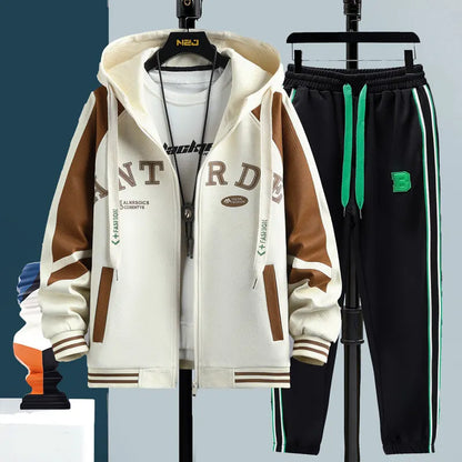 High Quality Running 2 Piece Set Hooded Jacket+Sweatpants Cardigan Long Sleeve Casual Tracksuit Men Sport Brand Clothing Suit