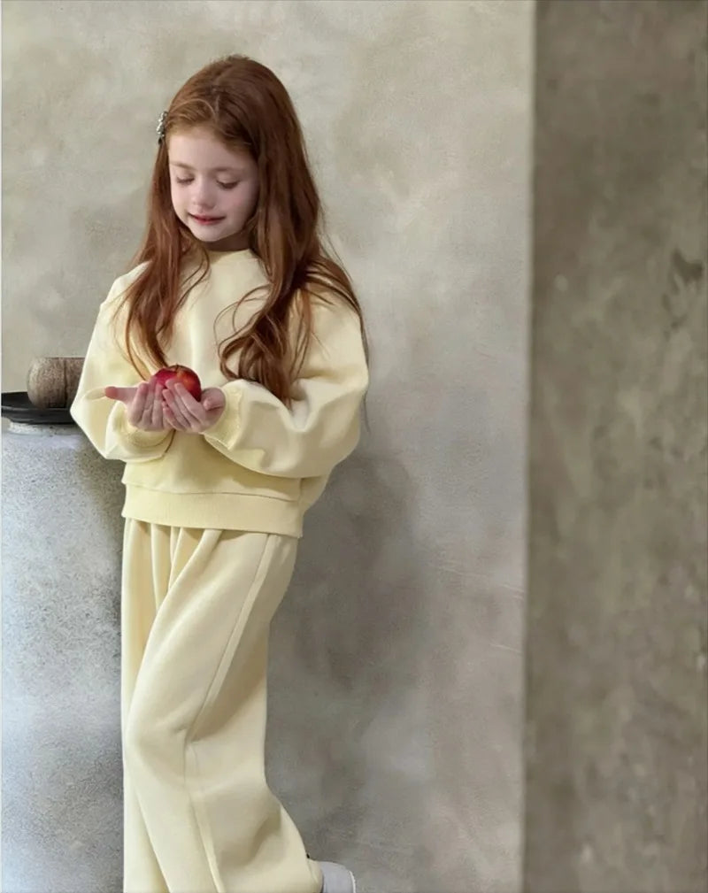 2026 Autumn Winter New Children Clothing Korean Girls Casual Lace Wide Leg Pants Set Children Round Collar Hoodie Two Piece Set