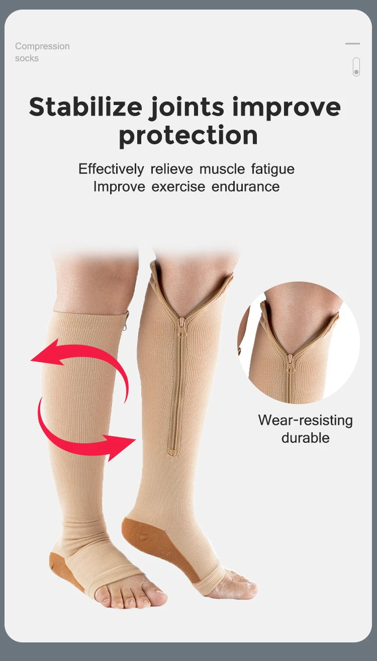 Compression Socks Men Women Support Knee Zipper Female Open Toe Thin Anti Fatigue Stretchy Sox High Socks Unisex
