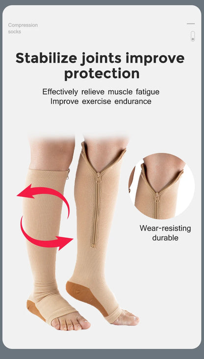 Compression Socks Men Women Support Knee Zipper Female Open Toe Thin Anti Fatigue Stretchy Sox High Socks Unisex