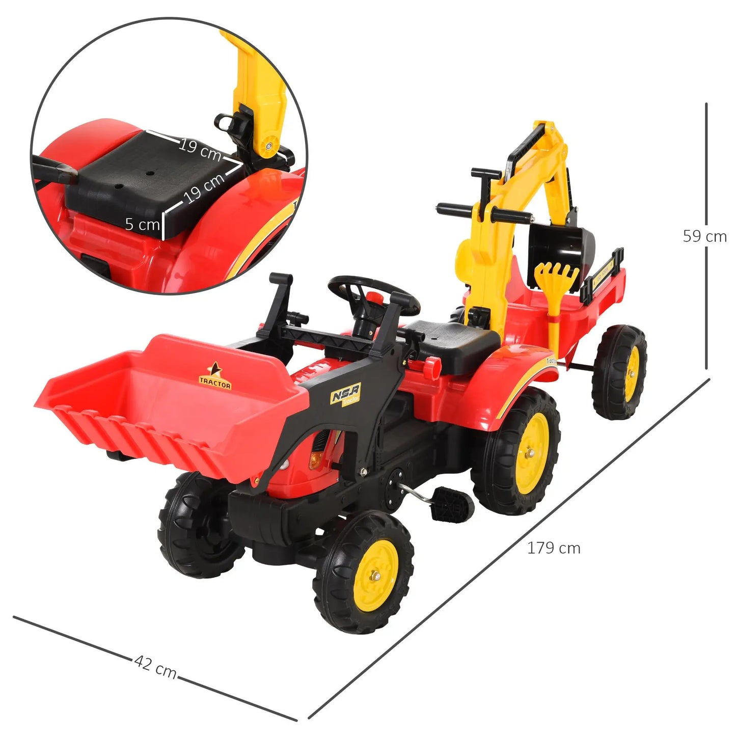 Pedal tractor with detachable pendant & adjustable excavator shovel for children from 3 years old, 35kg red