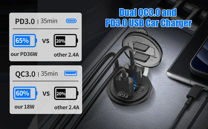 3 Ports Quick Charge Dual PD & QC 3.0 112W Aperture Car Charger Outlet Socket For 12V 24V Motorcycle Boat Marine Truck ATV