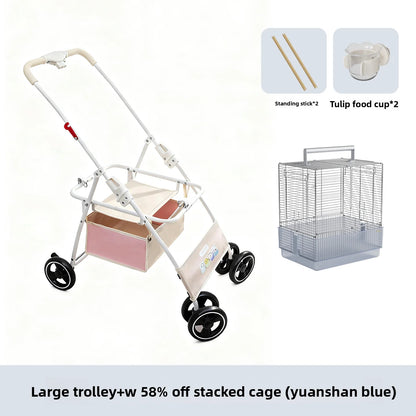 Foldable Lightweight Parrot Stroller Outdoor Travel Pet Carrier with Storage Space