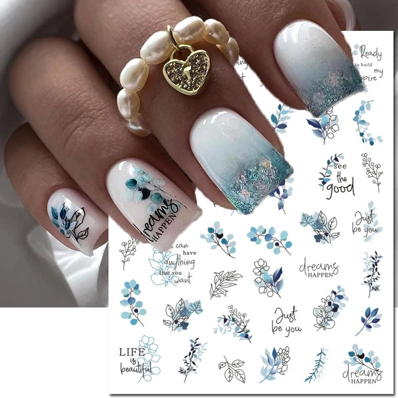 3d Nail Art Decals Elegant White RoyalBlue Roses Flowers Adhesive Sliders Nail Stickers Decoration For Nail Manicure
