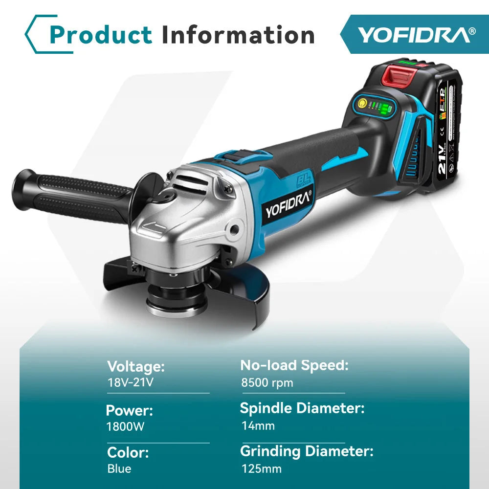 YOFIDRA 125mm 4 Gears Brushless Electric Angle Grinder Metal Wood Grinding Polishing Cutting Power Tool For Makita Battery Pin