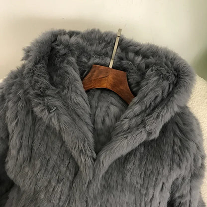 2024 Short Rabbit Fur Coat for Women Autumn Winter New Encrypted Thickened Handmade Double-sided Woven Hooded Korean Style