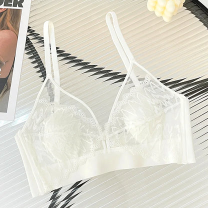 Sexy Lace Crop Top Deep V Backless Camisole Hollow Mesh Bra Female Solid Color Seamless Underwear Removable Chest Pad Tank Top