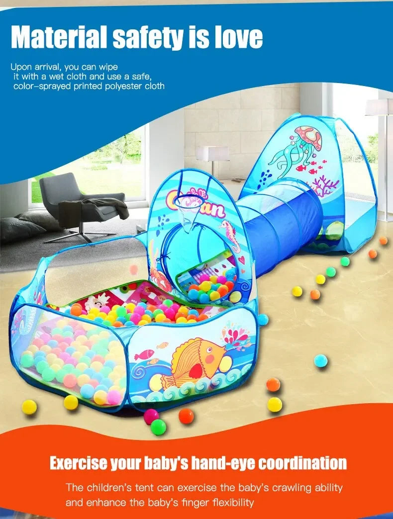 3 in 1 Integrated Play Set Consists of a Playhouse Tent Crawling Tunnel and Ball Pit It Adopts Foldable Lightweight Fabric