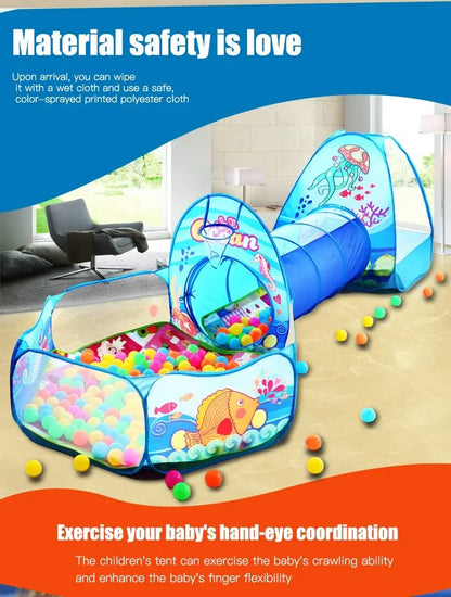 3 in 1 Integrated Play Set Consists of a Playhouse Tent Crawling Tunnel and Ball Pit It Adopts Foldable Lightweight Fabric
