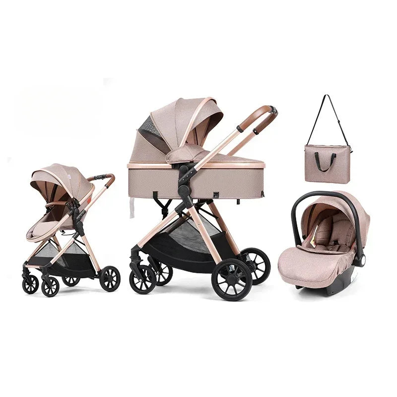 3-in-1 baby stroller, high landscape stroller, equipped with car seat, mom bag, one click folding, can sit and lie down