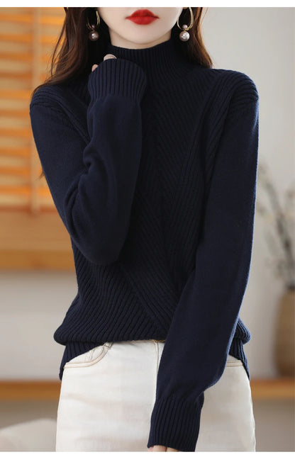 Women 100% Cotton Knit Sweater Half-high Collar Stripe Pullover Autumn Winter Thickened Bottoming Clothing Casual Knitted Tops