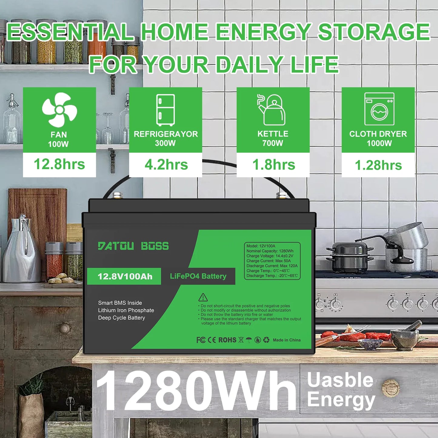DATOUBOSS 12V100Ah Deep Cycle Lithium Iron Phosphate Battery Built-in Intelligent BMS For RV Golf Cart Boat Solar System NO TAX
