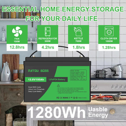 DATOUBOSS 12V100Ah Deep Cycle Lithium Iron Phosphate Battery Built-in Intelligent BMS For RV Golf Cart Boat Solar System NO TAX