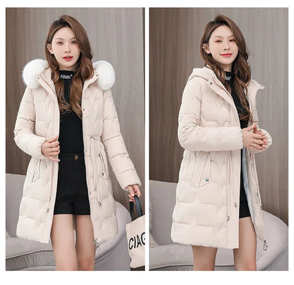 Hooded Women Parkas Coats Mid LenthJackets  Oversize Solid Fur Collar Zipper Drawstring Waist Loose Casual 2025 Autumn Winter