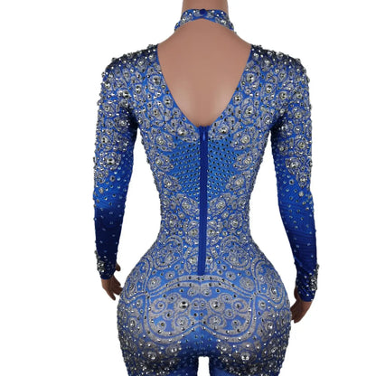 Sparkle Blue Rhinestones Jumpsuit Woman Stretch Leggings Singer Costume Birthday Party Club Stage Outfit Spandex Yatelandisi