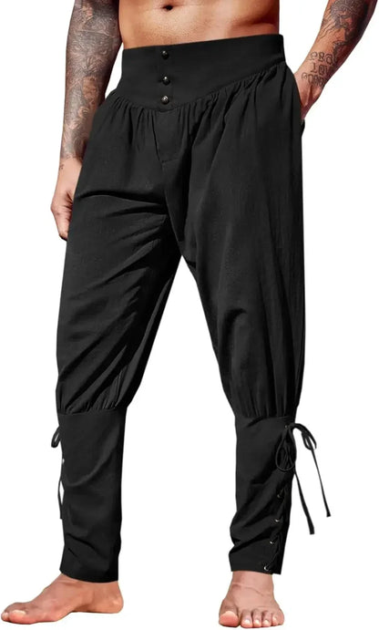 Mens Medieval Ankle Pants Renaissance Viking Pirate Lace Up Tapered Halloween Linen Costume Trousers Cargo Pants