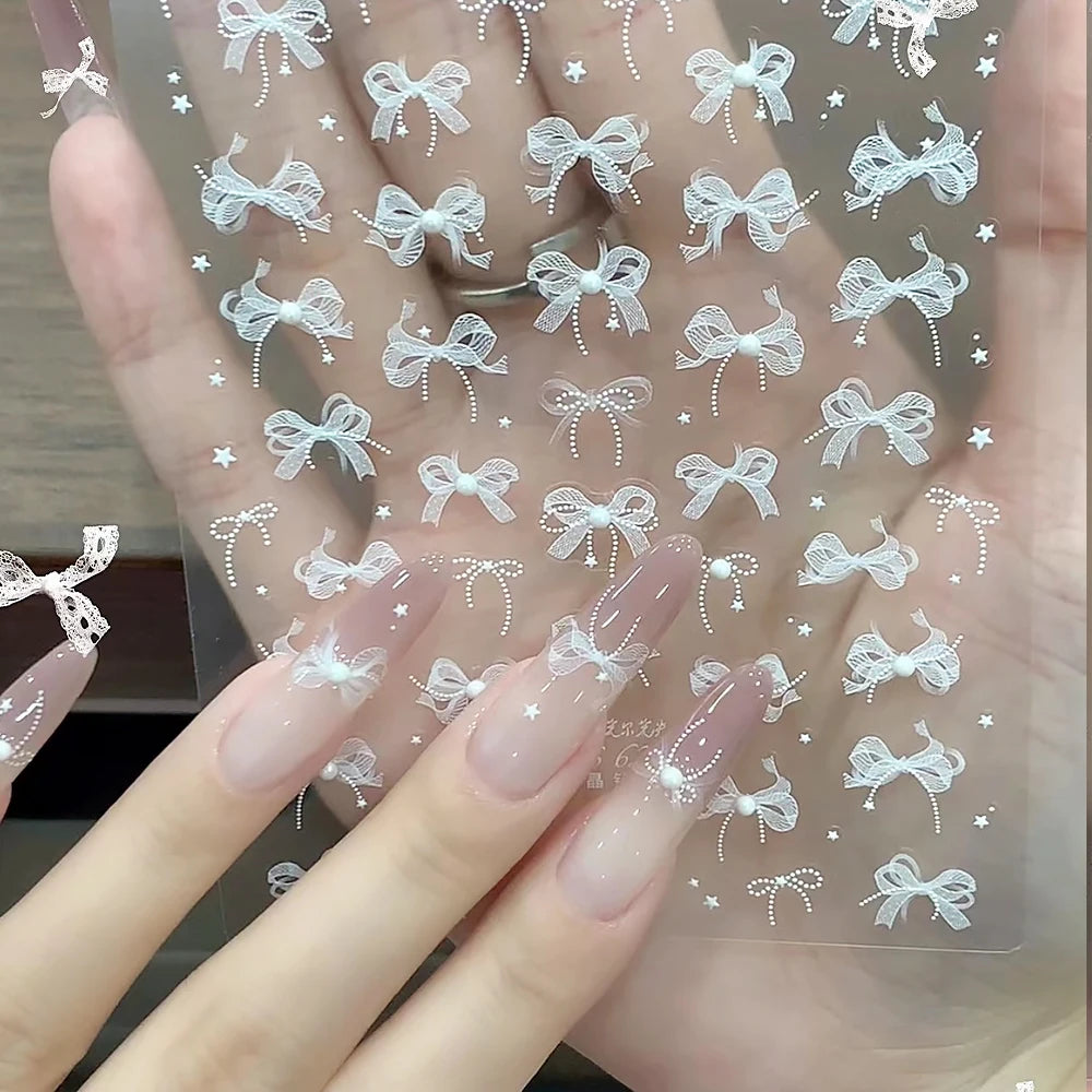 1pcs 5D White Lace Bowknot Nail Art Sticker Sweet Pearl  Bow Ribbon Self-Adhesive Nail Slider DIY Luxury Nail Decorations Decals