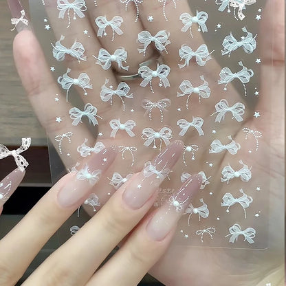 1pcs 5D White Lace Bowknot Nail Art Sticker Sweet Pearl  Bow Ribbon Self-Adhesive Nail Slider DIY Luxury Nail Decorations Decals