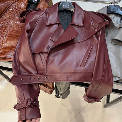 YOLOAgain Wide Shoulder Real Leather Jacket Women Oversized Genuine Leather Cropped Jacket