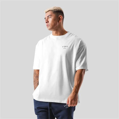 ONE POINT LYFT Print Big T Shirt Men Running Sport Gym Fitness Training Oversized 100% Cotton T-shirt Mens Bodybuilding Tee Tops