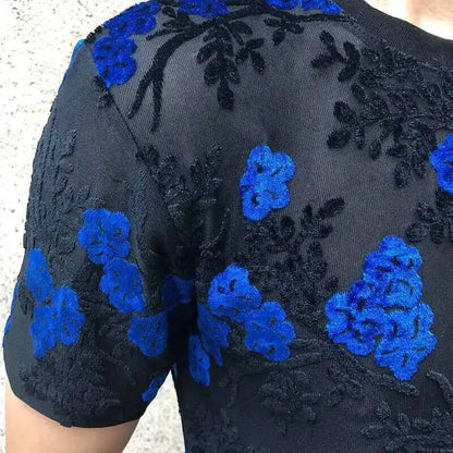 Sexy Round Neck T Shirt Soft Velvet Slim Men Clothing Nightclub Short-sleeved Top Quality Transparent Floral T Shirt See Through