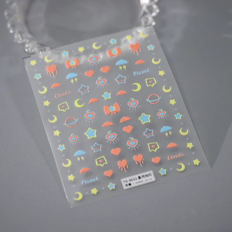 Collage Text English Letter Musical Note Star Graffiti Colorful 5D Love Heart Bowknot Nail Art Sticker Adhesive Manicure Decals