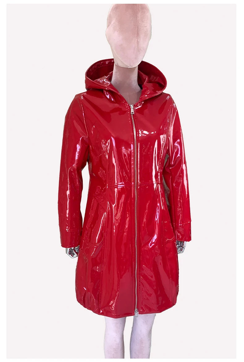Nerazzurri Spring Fitted Waterproof Shiny Reflective Black Patent Faux Leather Jacket Women with Hood Zipper Red Autumn Clothes