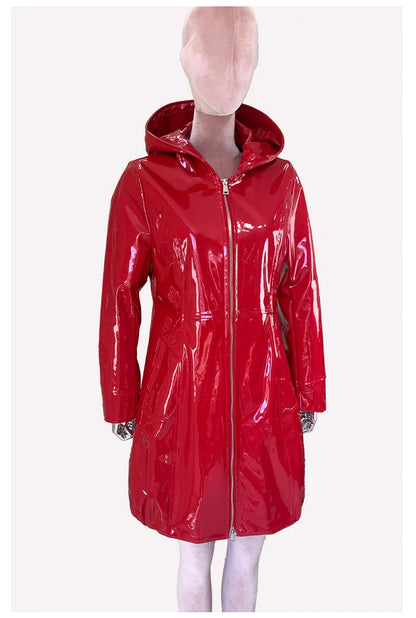 Nerazzurri Spring Fitted Waterproof Shiny Reflective Black Patent Faux Leather Jacket Women with Hood Zipper Red Autumn Clothes