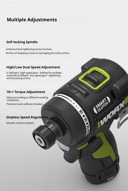 Worx WU139 Cordless Driver Drill Brushless Electric Impact Screwdriver Rechargeable Metal Chuck High Torque DIY Power Tools