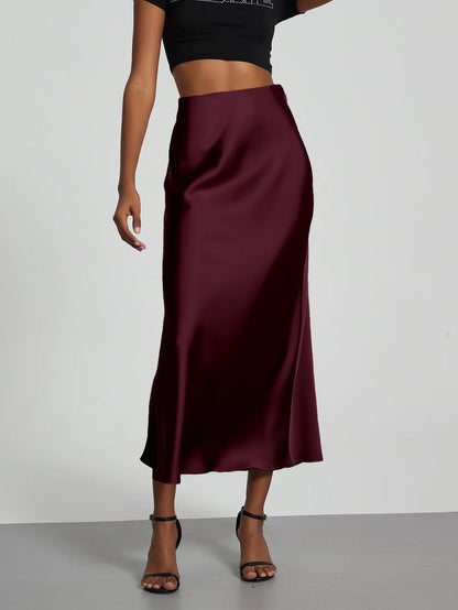 21 Colors New 2026 Women's Elegant High Waist Satin Long Skirts Female Summer Solid Color Faldas