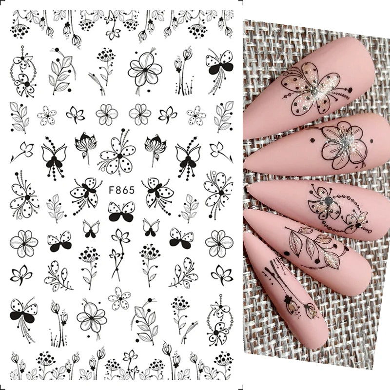 Black and White Love Flowers Line Art 3D Stickers Nail Decals Nail Art Accessories Butterfly Rose Nail Stickers Nail Sliders