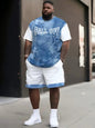 Denim Graphic T-shirt And Shorts 2-piece Set 2025 Plus Size Men's Clothing Casual Loose Drawstring Waist Shorts Short Sleeve Top