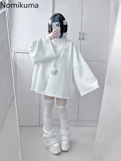 2025 Ropa Mujer Streetwear Coat for Women's Japanese Y2k Clothing Fashion White Zipper Outwear Tops Casual Stand Neck Jackets