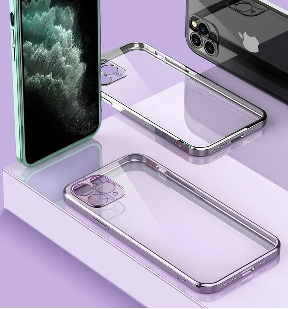 Luxury Plating Square Frame Silicone Transparent Case on For iPhone 11 12 13 14 15 Pro Max X XR XS Max 7 Plus Clear Back Cover