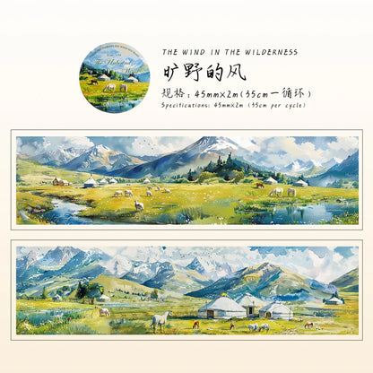 45mm * 2m Free Wind Series Retro Watercolor Landscape PET Stickers Creative Decor DIY Diary Scrapbook Collage Aesthetic Supplies