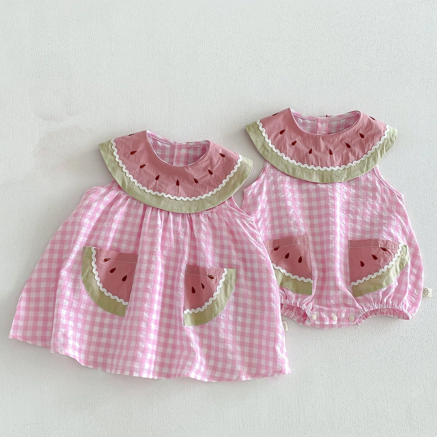 2026 Summer Childrens Clothes Watermelon Collar Baby Bodysuit with Patch Pockets Pink-white Check Girls Dress