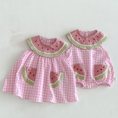 2026 Summer Childrens Clothes Watermelon Collar Baby Bodysuit with Patch Pockets Pink-white Check Girls Dress